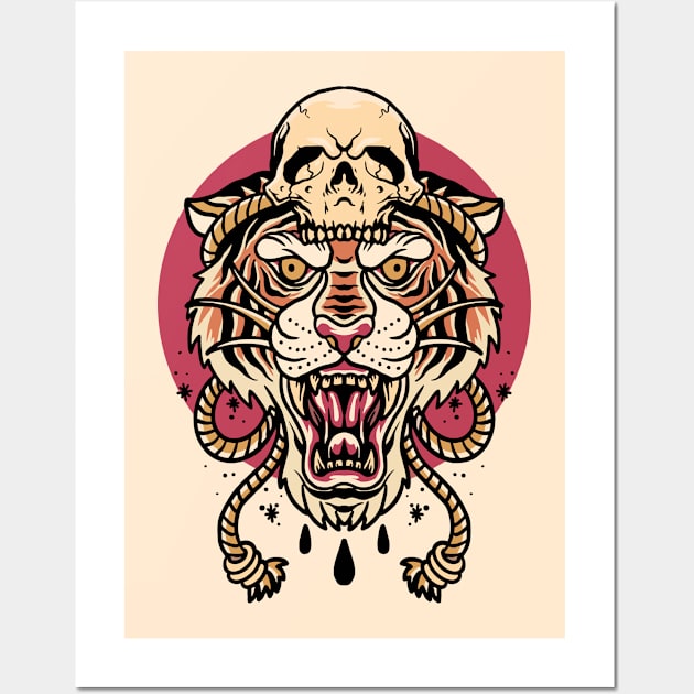 Vintage Tiger Illustration with Skull Wall Art by SLAG_Creative